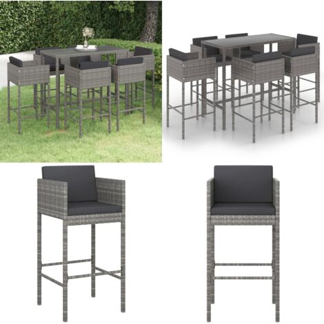 Set muebles de bar jardín 7 pzas y cojines ratán sintético gris - Muebles de exterior - Cojines para bar