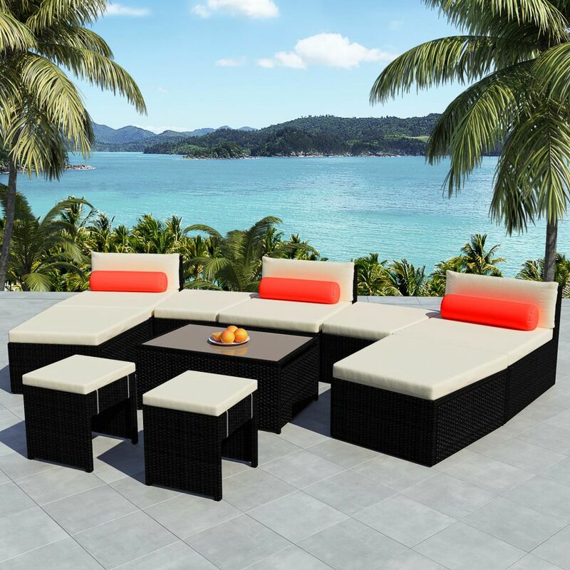 

Set muebles de jardín 10 piezas y cojines ratán sintético negro