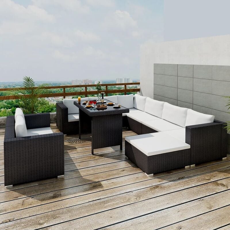 

Set muebles de jardín 10 piezas y cojines ratán sintético negro
