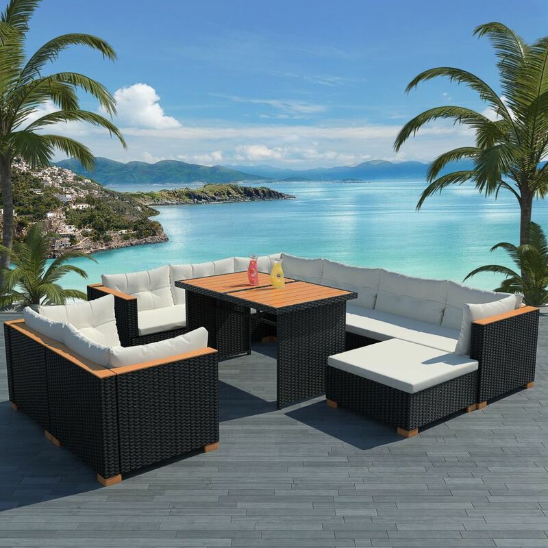 

Set muebles de jardín 10 piezas y cojines ratán sintético negro