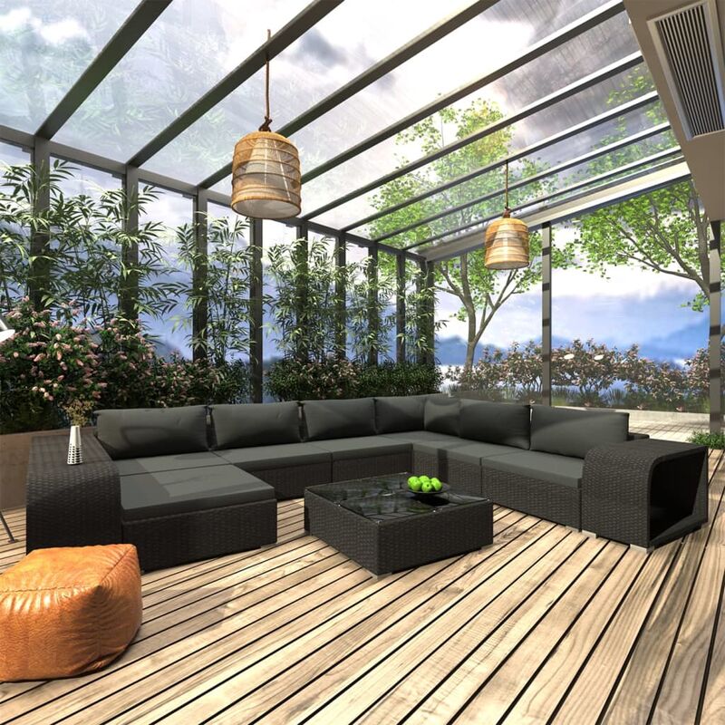 

Set muebles de jardín 10 piezas y cojines ratán sintético negro