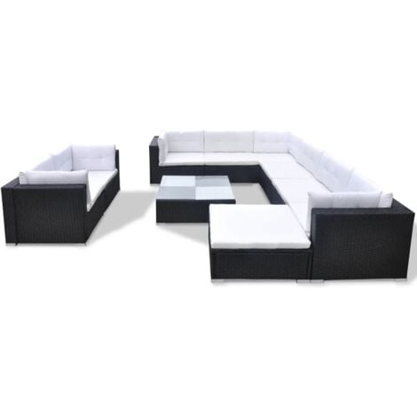Set muebles de jardín 10 piezas y cojines ratán sintético negro vidaXL