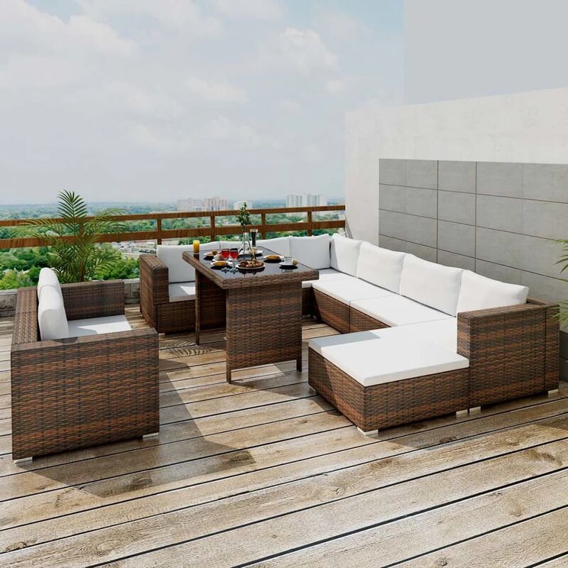 

Set muebles de jardín 10 pzas y cojines ratán sintético marrón