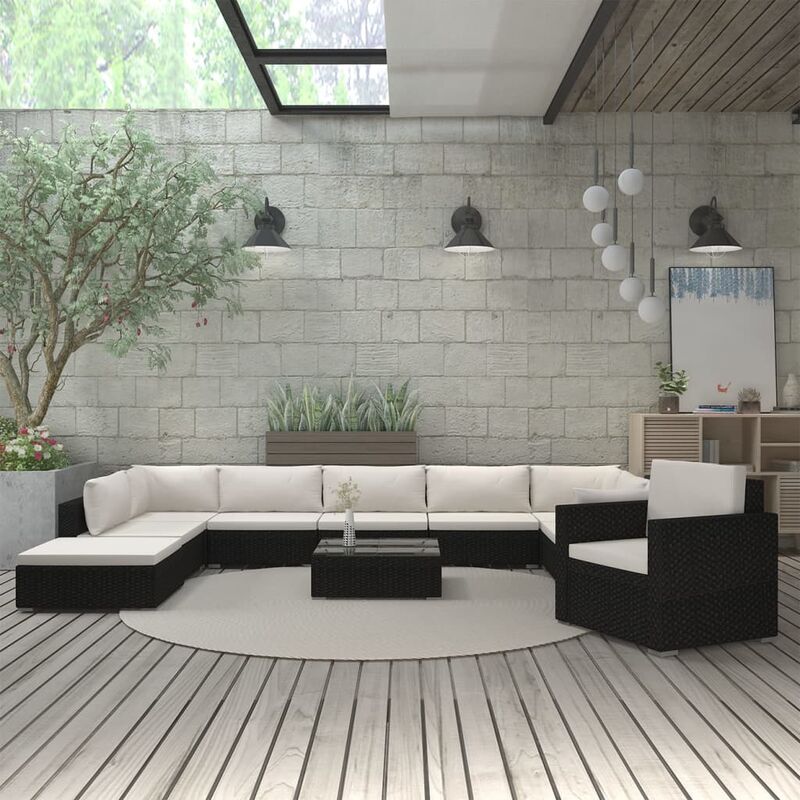 

Set muebles de jardín 11 pzas y cojines ratán sintético negro
