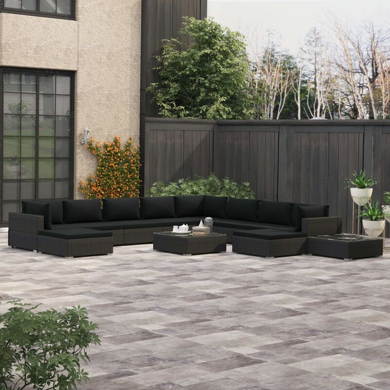 

Set muebles de jardín 12 pzas y cojines ratán sintético negro