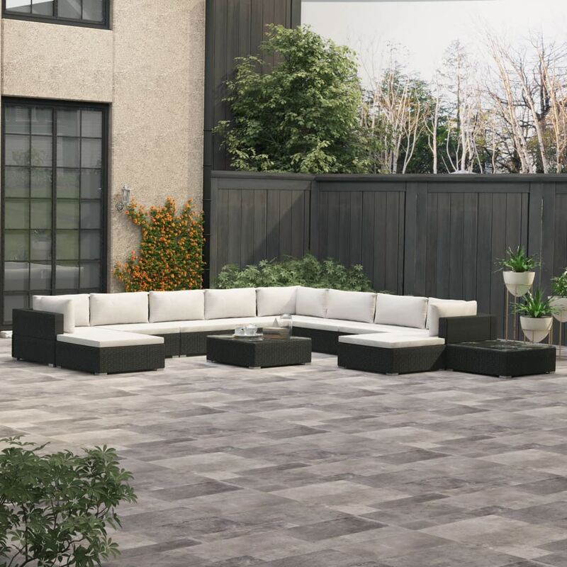 

Set muebles de jardín 12 pzas y cojines ratán sintético negro