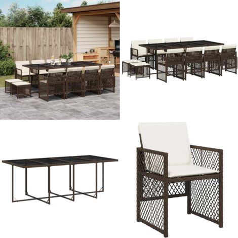 Set muebles de jardín 13 pzas y cojines ratán sintético marrón - Sillas de jardín - Mesa de jardín