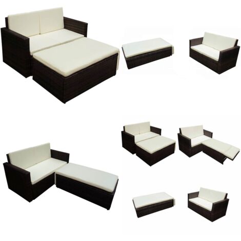 Set muebles de jardín 2 piezas y cojines ratán sintético marrón - Taburete de jardín - Ratán sintético