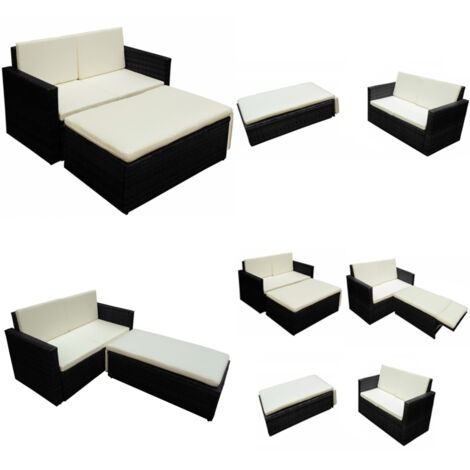 Set muebles de jardín 2 piezas y cojines ratán sintético negro - Taburete de jardín - Ratán sintético
