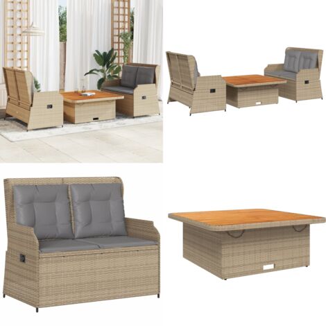 Set muebles de jardín 3 piezas y cojines ratán sintético beige - Muebles de jardín - Banco de jardín reclinable