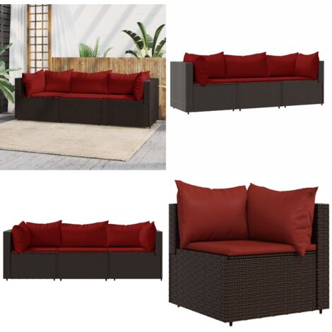 Set muebles de jardín 3 piezas y cojines ratán sintético marrón - Sofás de jardín - Ratán sintético