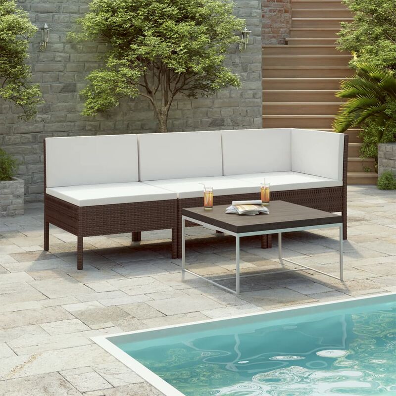 

Set muebles de jardín 3 pzas y cojines ratán sintético marrón