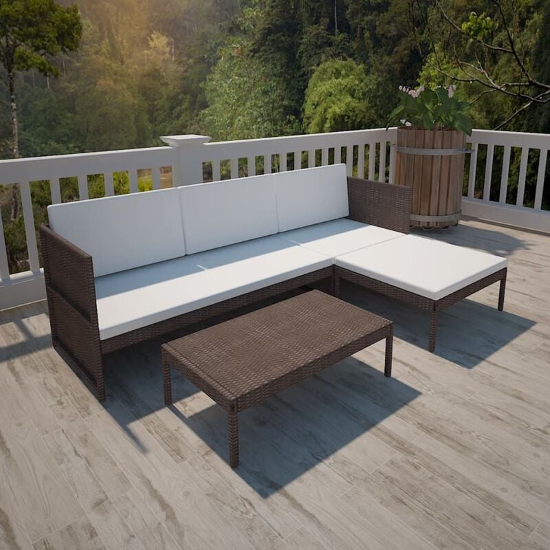 

Set muebles de jardín 3 pzas y cojines ratán sintético marrón