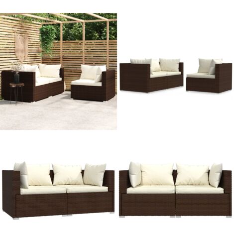 Set muebles de jardín 3 pzas y cojines ratán sintético marrón - Sofás de jardín - Ratán sintético