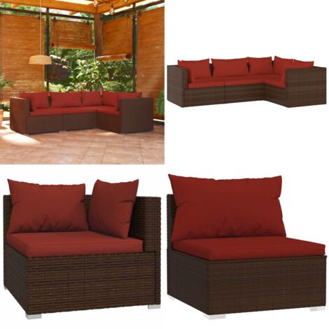 Set muebles de jardín 4 piezas y cojines ratán sintético marrón - Sofás de jardín - Ratán sintético