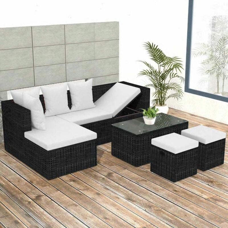 

Set muebles de jardín 4 piezas y cojines ratán sintético negro