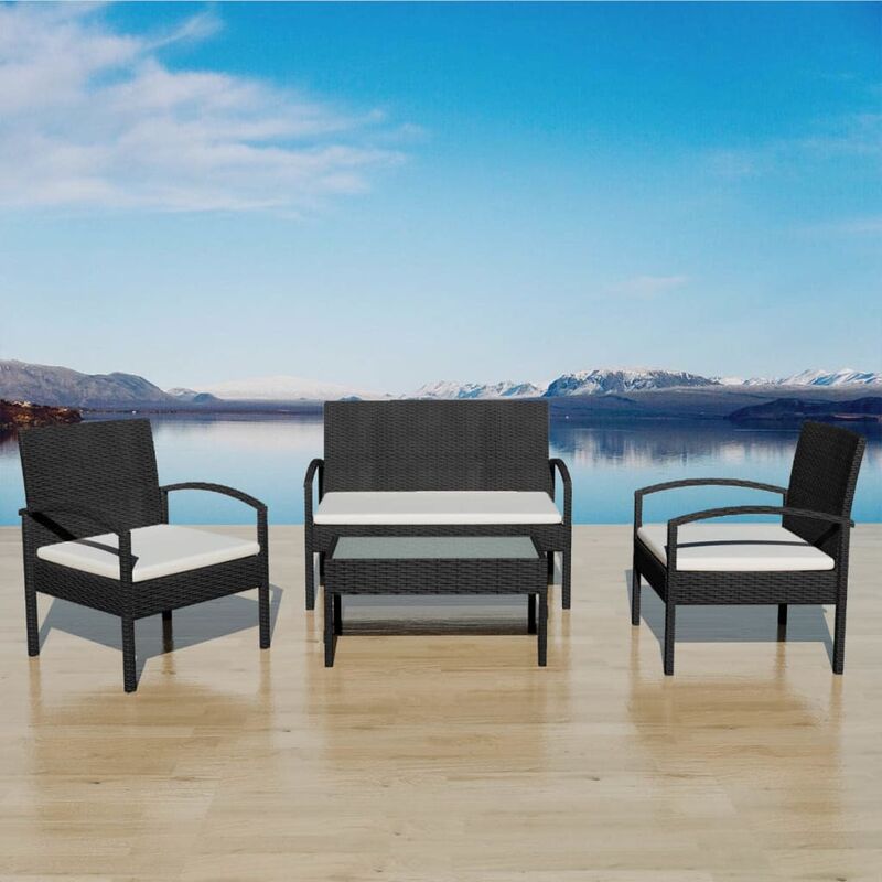 

Set muebles de jardín 4 piezas y cojines ratán sintético negro