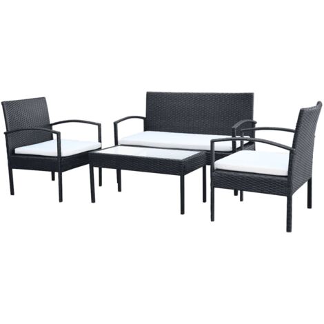 Set muebles de jardín 4 piezas y cojines ratán sintético negro