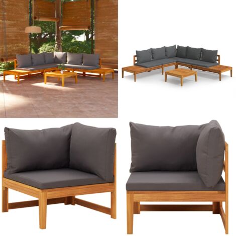 Set muebles de jardín 4 pzas cojines gris oscuro madera acacia - Muebles de jardín - Banco con mesa