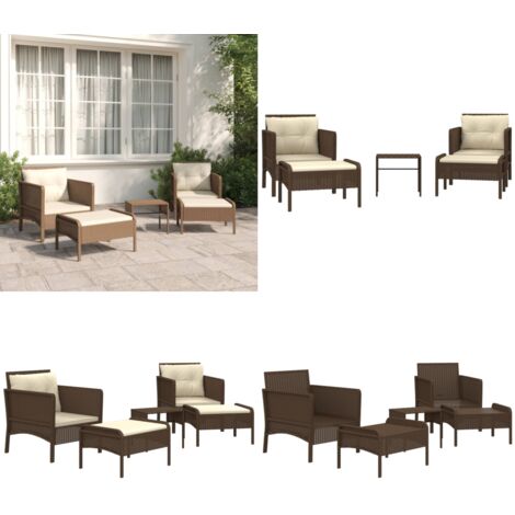 Set muebles de jardín 5 piezas y cojines ratán sintético marrón - Sillas de jardín - Mesa de centro