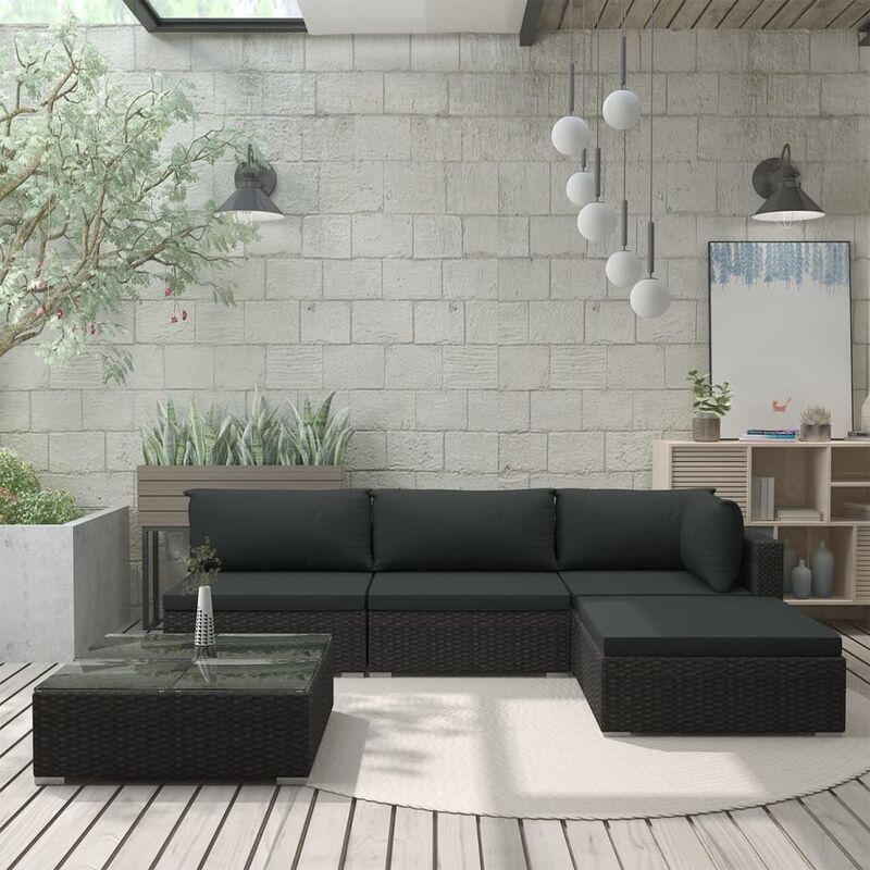 

Set muebles de jardin 5 piezas y cojines ratan sintetico negro