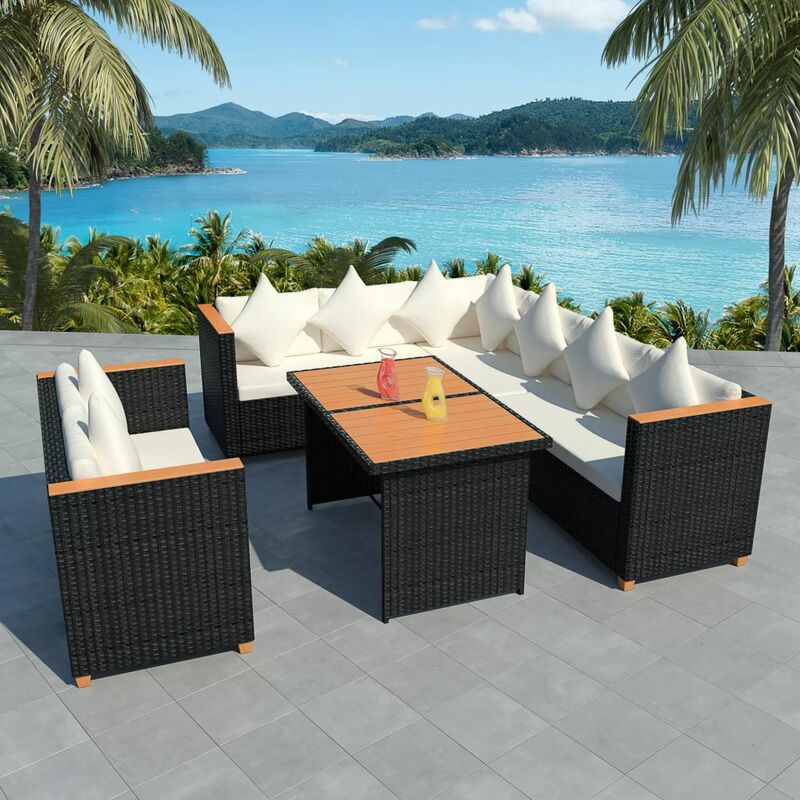 

Set muebles de jardín 5 piezas y cojines ratán sintético negro