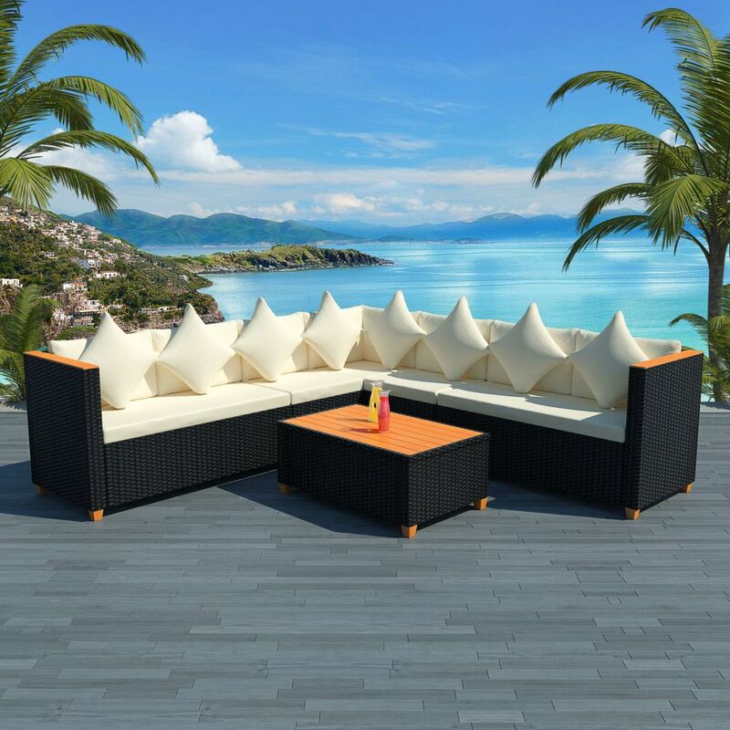 

Set muebles de jardín 5 piezas y cojines ratán sintético negro