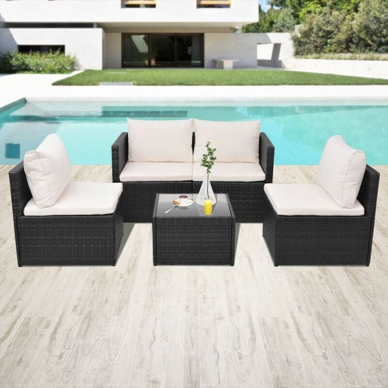 

Set muebles de jardín 5 piezas y cojines ratán sintético negro