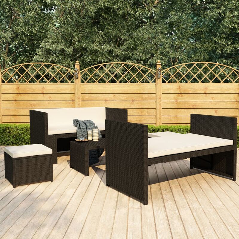 

Set muebles de jardín 5 piezas y cojines ratán sintético negro