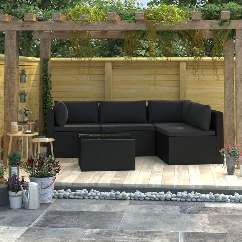 

Set muebles de jardín 5 piezas y cojines ratán sintético negro
