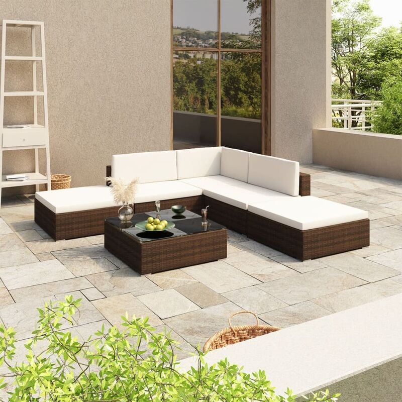 

Set muebles de jardín 6 piezas y cojines ratán sintético marrón