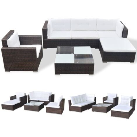 Set muebles de jardín 6 piezas y cojines ratán sintético marrón