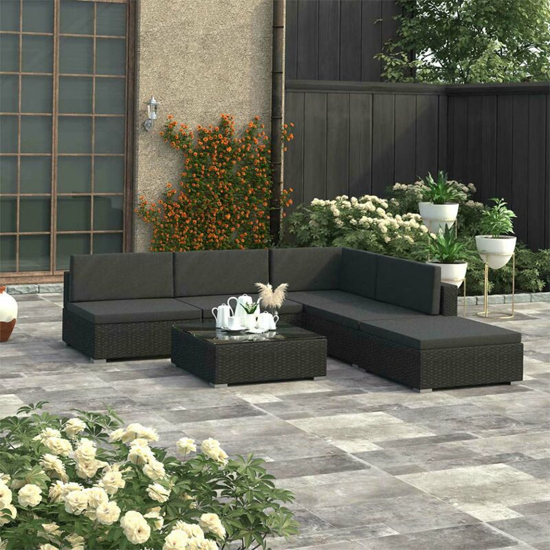 

Set muebles de jardin 6 piezas y cojines ratan sintetico negro
