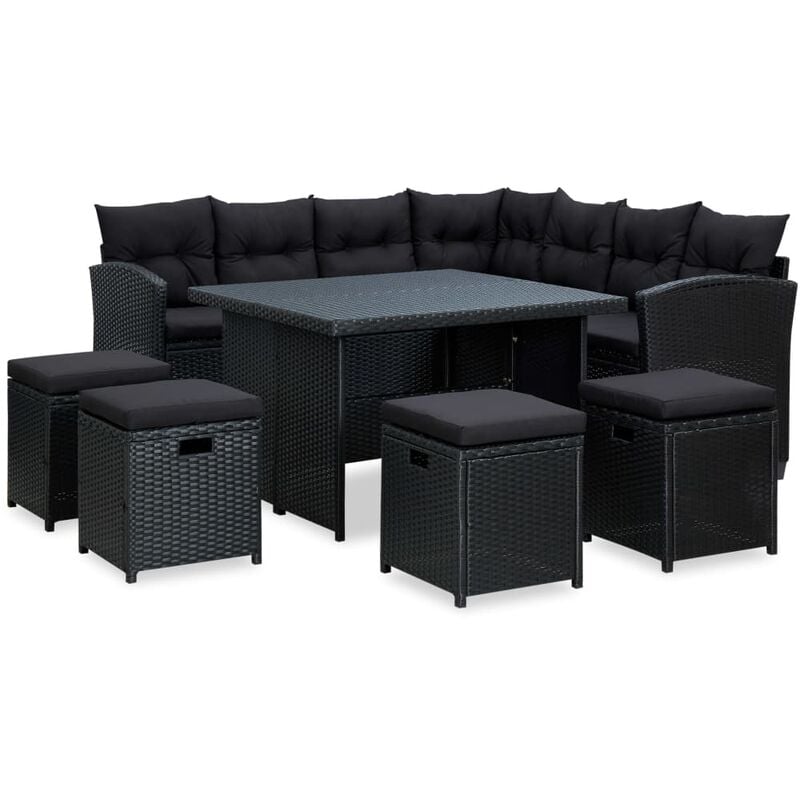 

Set muebles de jardín 6 piezas y cojines ratán sintético negro