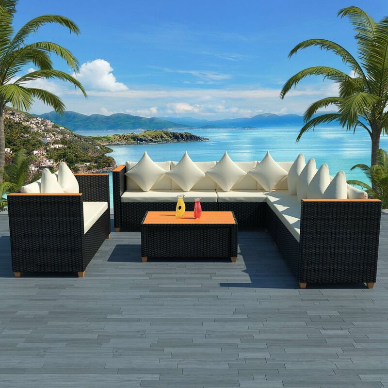 

Set muebles de jardín 6 piezas y cojines ratán sintético negro