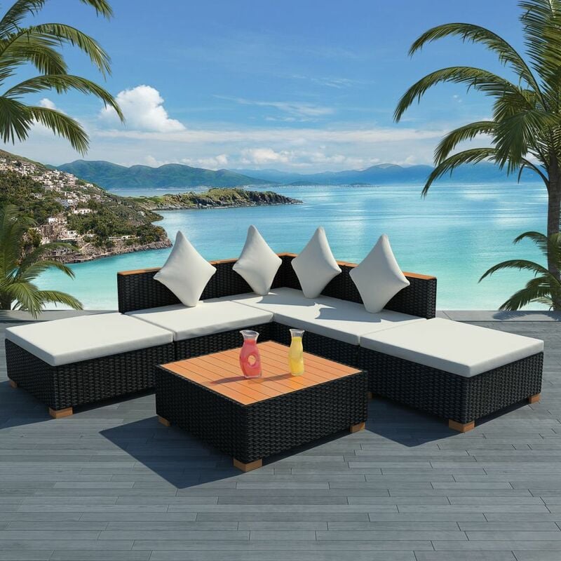 

Set muebles de jardín 6 piezas y cojines ratán sintético negro