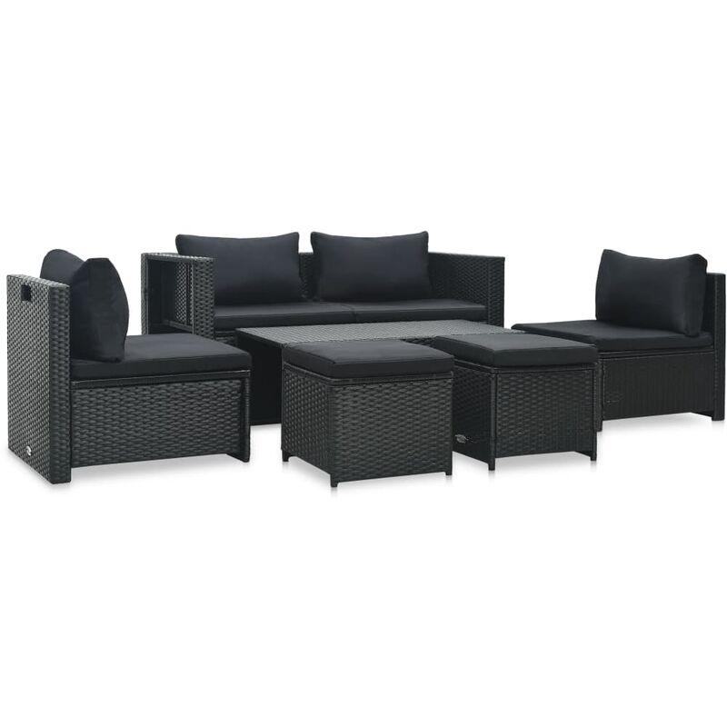 

Set muebles de jardín 6 piezas y cojines ratán sintético negro