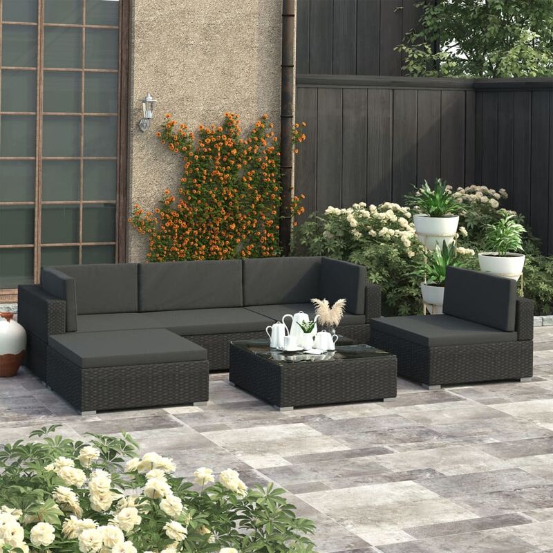 

Set muebles de jardín 6 piezas y cojines ratán sintético negro