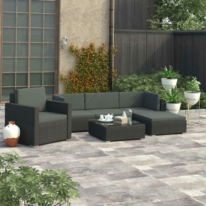 

Set muebles de jardín 6 piezas y cojines ratán sintético negro