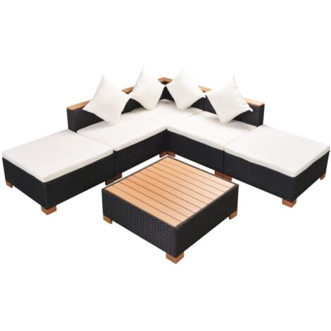 Set muebles de jardín 6 piezas y cojines ratán sintético negro