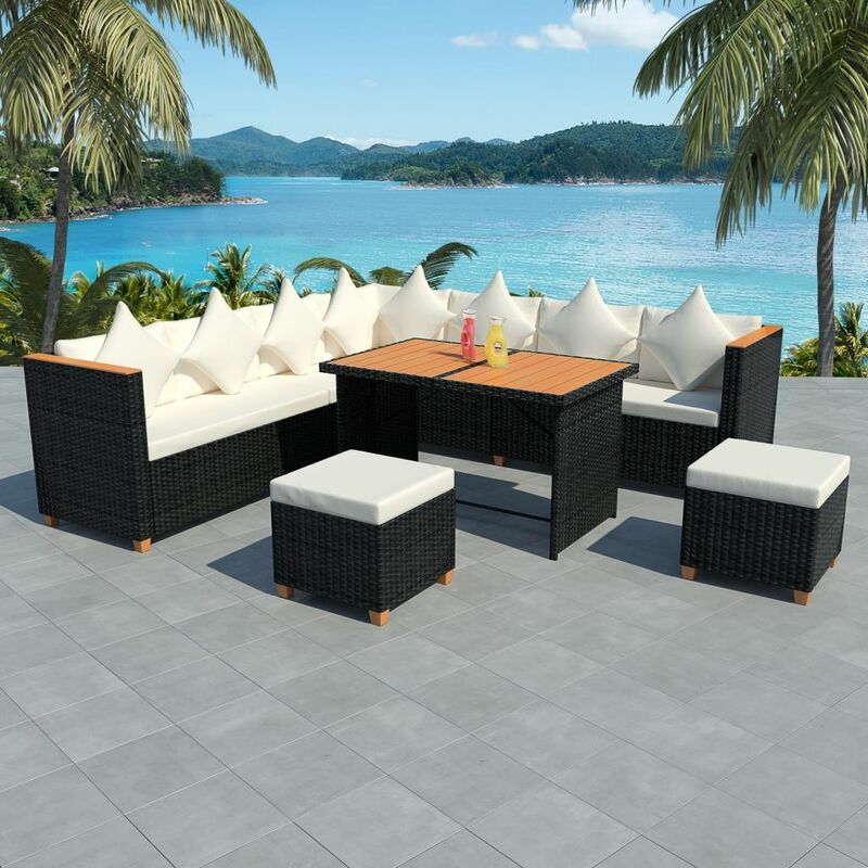 

Set muebles de jardín 7 piezas y cojines ratán sintético negro