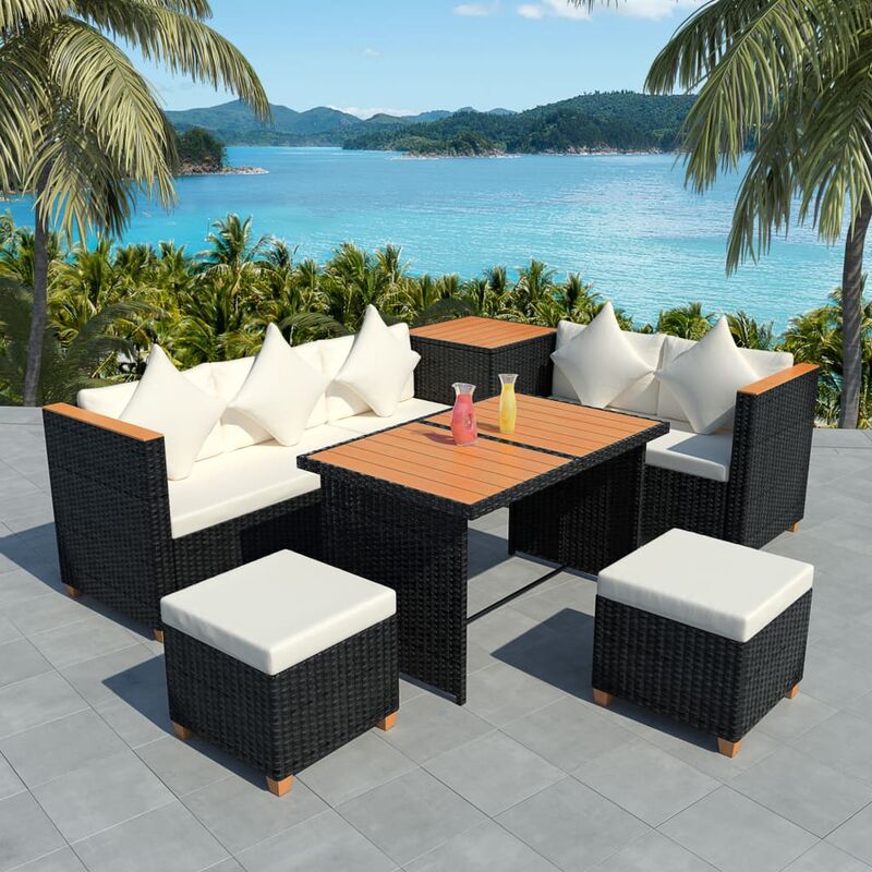 

Set muebles de jardín 7 piezas y cojines ratán sintético negro