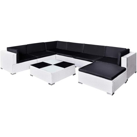 Set muebles de jardín 8 piezas y cojines ratán sintético blanco