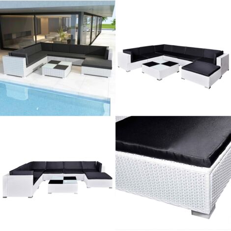 Set muebles de jardín 8 piezas y cojines ratán sintético blanco - Muebles de jardín - Cojines de ratán