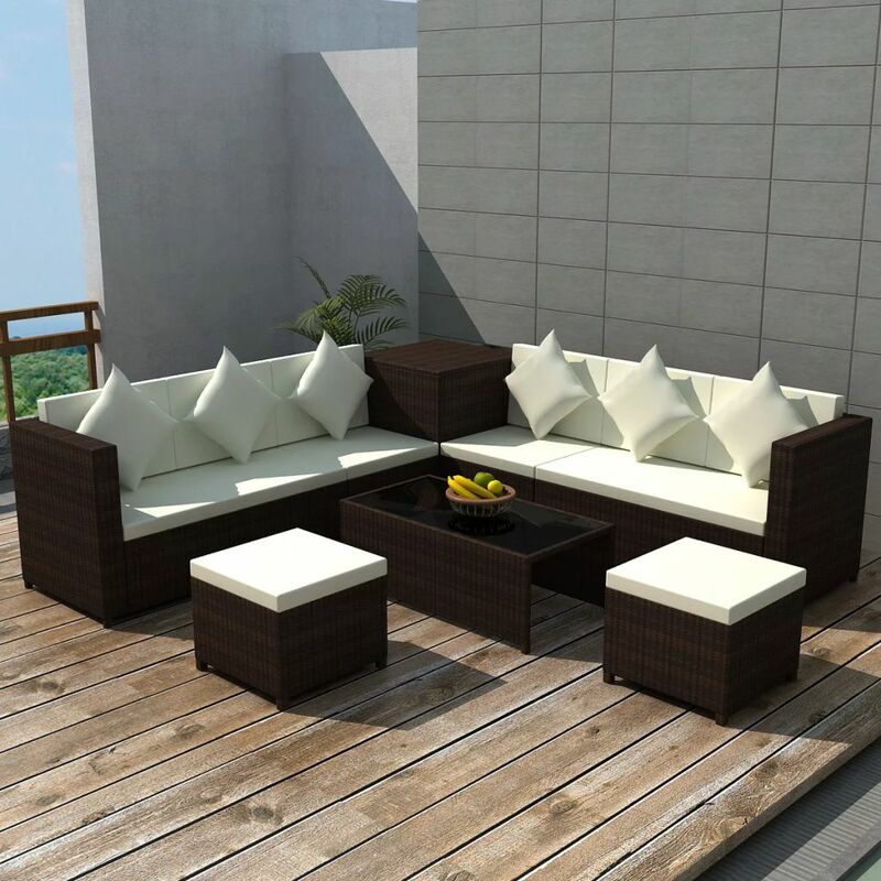 

Set muebles de jardín 8 piezas y cojines ratán sintético marrón