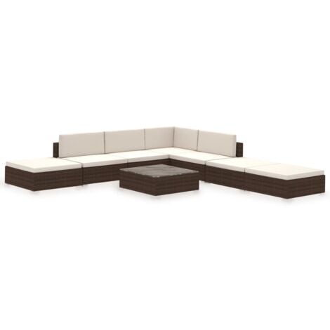 Set muebles de jardín 8 piezas y cojines ratán sintético marrón