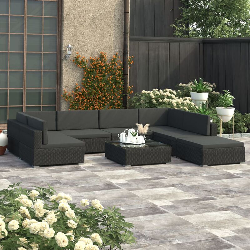 

Set muebles de jardin 8 piezas y cojines ratan sintetico negro