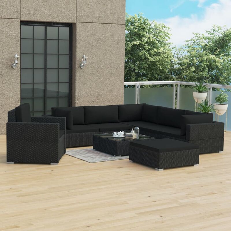 

Set muebles de jardín 8 piezas y cojines ratán sintético negro