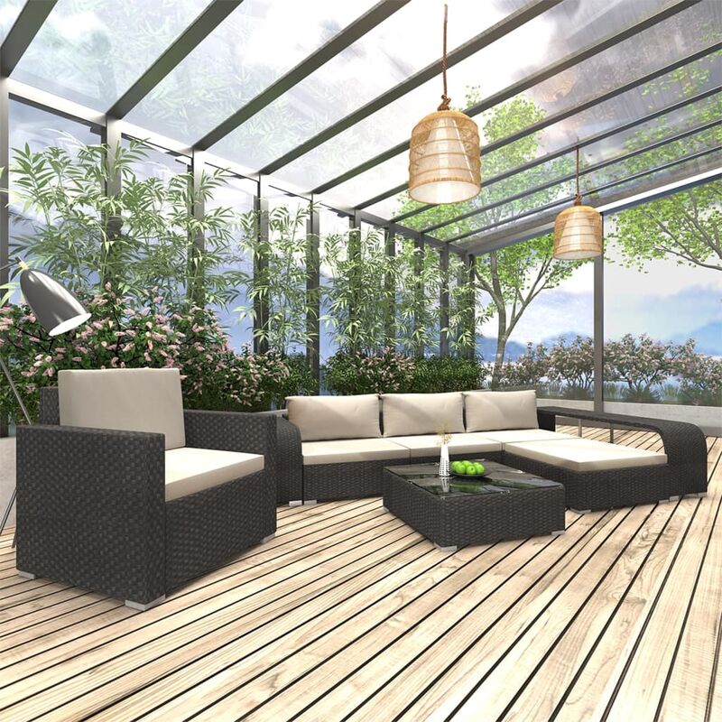 

Set muebles de jardín 8 piezas y cojines ratán sintético negro