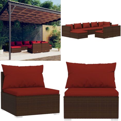 Set muebles de jardín 9 piezas y cojines ratán sintético marrón - Sofá de jardín - Ratán sintético
